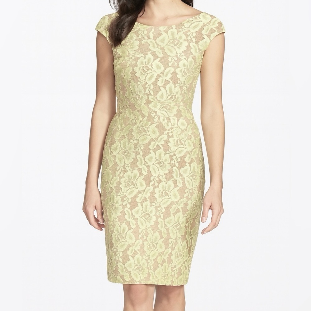 Dress Barn Collection Lace Floral Straight Cap Sleeve Yellow Green Midi Dress 4